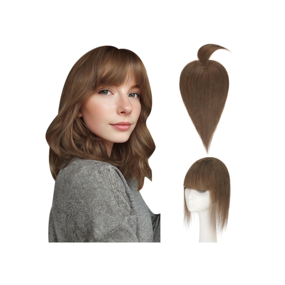Mono Hair Topper with Bangs 100% Real Human Hair‎ 10 Inch Brown 150% Density